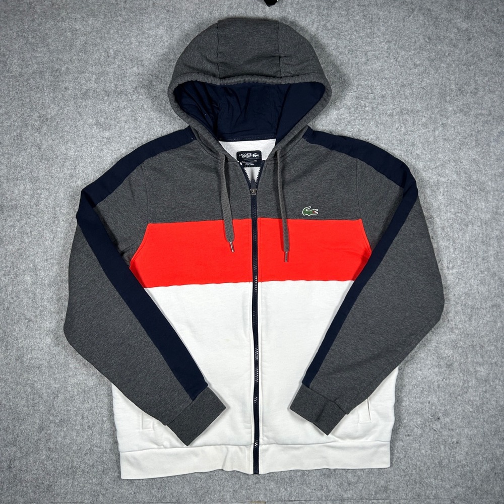 Lacoste Sport Hoodie Mens Large Gray Red White Blue SH3528 Full Zip Athleisure